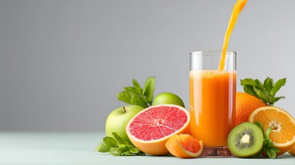 Freshly squeezed juice pouring into a glass with vibrant fruits, inviting a healthy and refreshing start to your day for a wellness boost