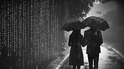 Monochrome couple under umbrellas in a digital rain scene.