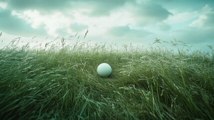 Golf ball in tall grass, cinematic low angle 
