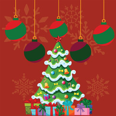 Decorated Christmas Tree with Hanging Ornaments and Gift Boxes, Vector Illustration