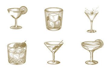 Beautiful hand drawn Cocktails alcoholic daiquiri, old fashioned, Manhattan, martini, sidecar glass hand drawn engraving vector illustration. vintage style. Eps 10