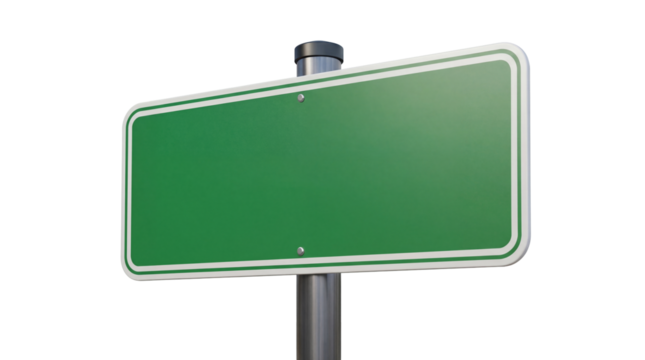 Green road sign isolated PNG on transparent background, blank traffic signage with rounded corners for direction and information