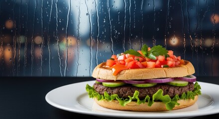Delicious gourmet burger with fresh ingredients on a white plate.