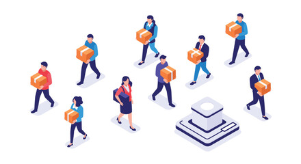 Fototapeta premium Isometric illustration of diverse people carrying boxes towards a central server, symbolizing logistics, e-commerce, and data transfer.