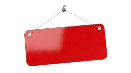 Red rectangular sign hanging from a pin isolated PNG, blank notice board for shop advertising and promotion on transparent background