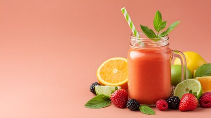 Vibrant fruit smoothie in mason jar with fresh berries and citrus, perfect for healthy lifestyle blogs and refreshing summer recipes, so delicious!