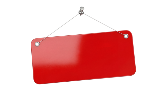 Red rectangular sign hanging from a pin isolated PNG, blank notice board for shop advertising and promotion on transparent background