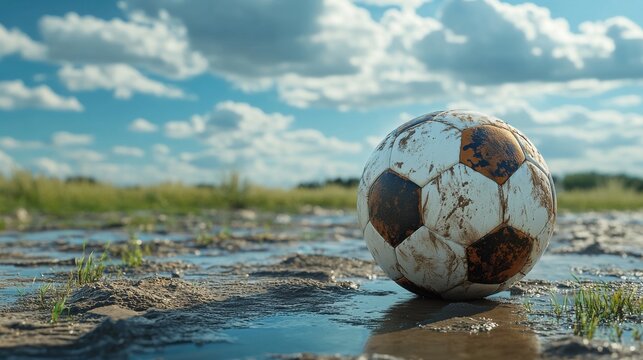 Soccer ball deflated, nostalgic ground angle 