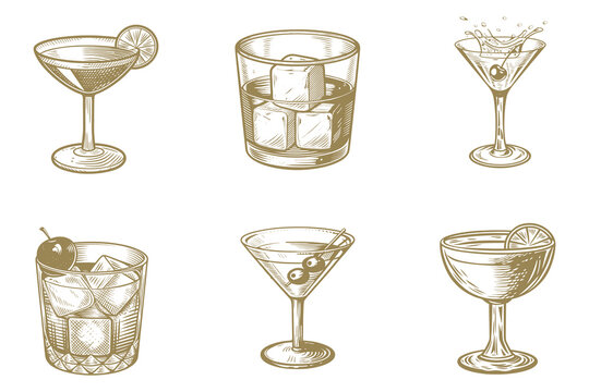 Whiskey bottles and glass vector illustration. Cocktails alcoholic daiquiri, old fashioned, Manhattan, martini, sidecar glass hand drawn engraving vintage style. Eps 10