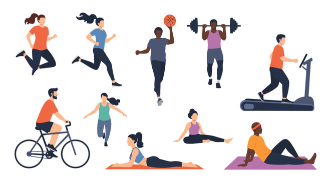 A diverse group of men and women engaged in various physical activities including running, cycling, weightlifting, and yoga, promoting a healthy lifestyle.