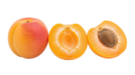 Fresh apricot fruits, whole and halved isolated PNG, juicy summer stone fruit with pit on transparent background for healthy eating