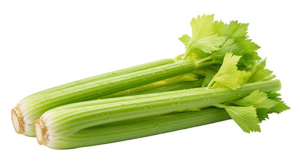 Fresh green celery stalks isolated PNG, healthy vegetable sticks with leaves for cooking and raw eating, on transparent background