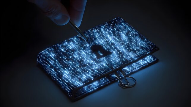 Glowing digital wallet with keyhole, a hand holding a lock pick trying to unlock it. Concept: Cybersecurity, hacking, digital theft, cryptocurrency protection, technology, information security.