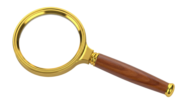 Golden magnifying glass with wooden handle isolated PNG, search tool for investigation and exploration on transparent background - Powered by Adobe