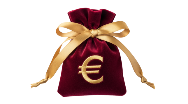 Burgundy velvet money bag with euro sign isolated on transparent background, wealth and finance concept in PNG format