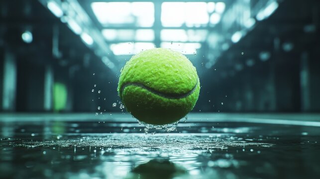 Tennis ball mid-air above racket, ground-level view