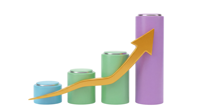 Growing bar graph with golden arrow isolated PNG, business growth and success concept on transparent background