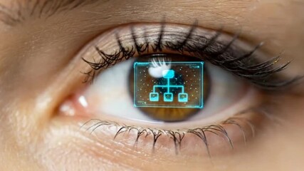 Futuristic animation showing a glowing blue microchip on a green circuit board network, with a cloud and "AI Agent" icon, transitioning to a digital data overlay on a human eye. - Powered by Adobe