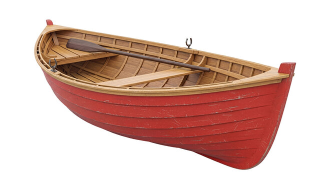 Red wooden rowboat with paddle isolated PNG, vintage dinghy for nautical themes and maritime designs on transparent background