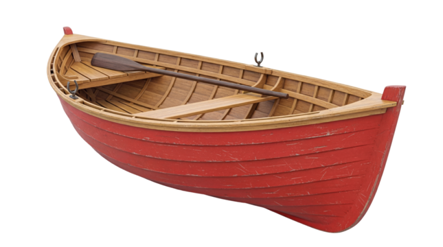 Red wooden rowboat with paddle isolated PNG, vintage dinghy for nautical themes and maritime designs on transparent background