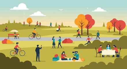 People enjoy various recreational activities like cycling, picnicking, and walking in a vibrant autumn park setting.