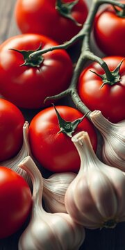 A still life arrangement of ripe red tomatoes and fresh garlic cloves,  cooking,  harvest