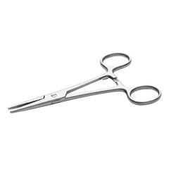 Sterile stainless steel hemostat clamp for medical surgical use isolated on white background