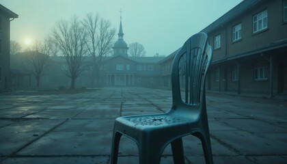 Empty cracked plastic chair in a school courtyard at dawn