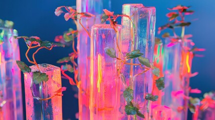 Abstract Arrangement of Glass Columns with Plant Accents.