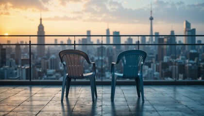 Two matching plastic chairs on a balcony