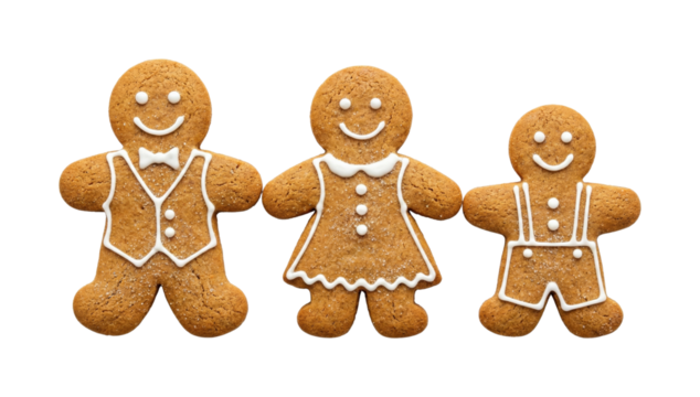 Three gingerbread cookies family decorated with white icing