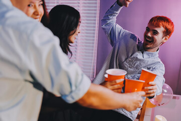 Diversity, dinner and group of people toast celebration together at party. Friends, happy and celebrate with food, wine and friendship for love, support and cheers champagne at business function