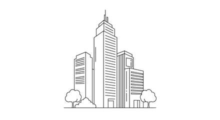Minimalist line art illustration of a modern cityscape featuring several tall skyscrapers and green trees, representing urban development.