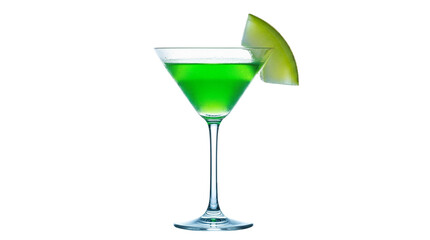 Green apple martini isolated PNG on transparent background, refreshing cocktail with fruit garnish for party and bar menus