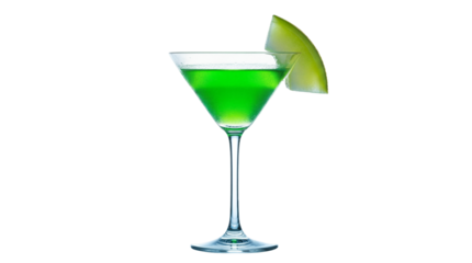 Green apple martini isolated PNG on transparent background, refreshing cocktail with fruit garnish for party and bar menus