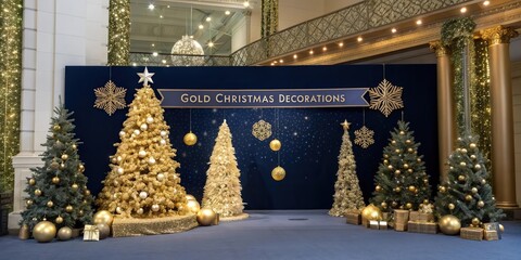 Stylish Christmas composition with golden baubles, ribbon, pinecones and snowflakes on dark blue background with stars and copy space.