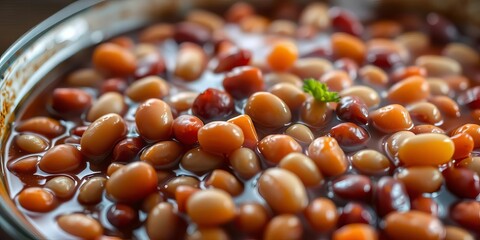 Close-up of a bowl of cooked beans, steaming hot, natural, texture