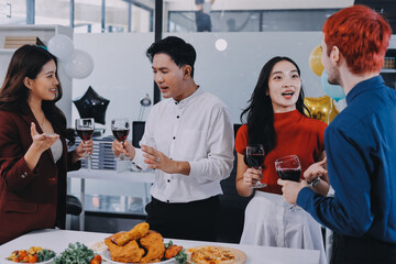 Diversity, dinner and group of people toast celebration together at party. Friends, happy and celebrate with food, wine and friendship for love, support and cheers champagne at business function