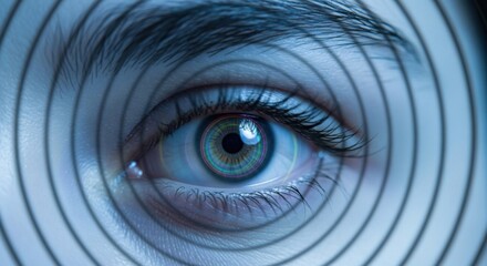 Close up of a human eye with concentric circles radiating outwards in a blue toned image effect