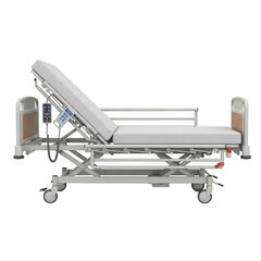 Modern adjustable hospital bed, medical equipment for patient care isolated on white background