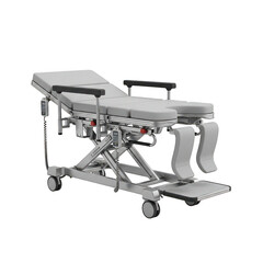 Adjustable medical examination and delivery bed with stirrups isolated on white background