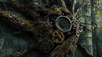 Steampunk Tree with Gears and Cogs - A Fusion of Nature and Technology.