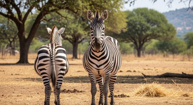 Two zebras standing in a field one facing forward and one facing away in the african savanna landscape