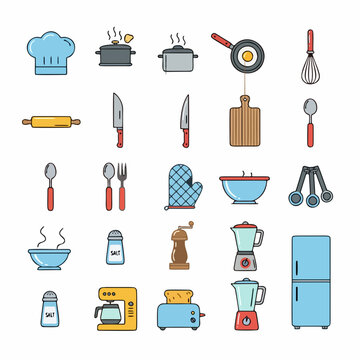 Set of Kitchen Utensils and Cooking Equipment Icons in Flat Line Art Style