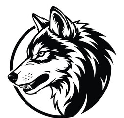 Fototapeta premium Black and white illustration of wolf head with circle background design