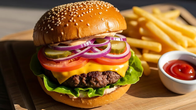 Delicious cheeseburger with fresh vegetables and fries served on a wooden board. - Powered by Adobe