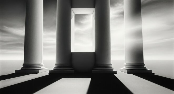 Monochrome image of classical pillars with sky visible through the opening between the columns
