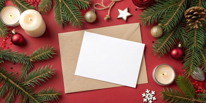 Flat lay Christmas composition with blank card and envelope surrounded by wreath, fir branches, ornaments, pinecones and fairy lights on red background.