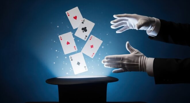 Magic show with playing cards floating above a black hat and hands wearing white gloves on blue background