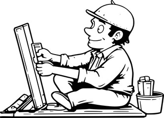 Carpenter Sitting and Working with Tools on Wall